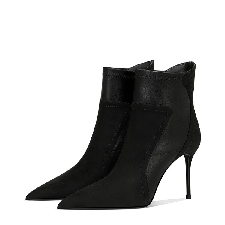 黑色绒面皮面拼接高跟短靴单靴2024新款尖头细跟百搭弹力瘦瘦靴