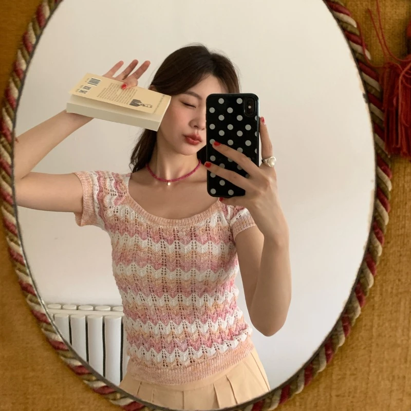 多巴胺甜美镂空麻绳针织短袖T桖上衣女S1088