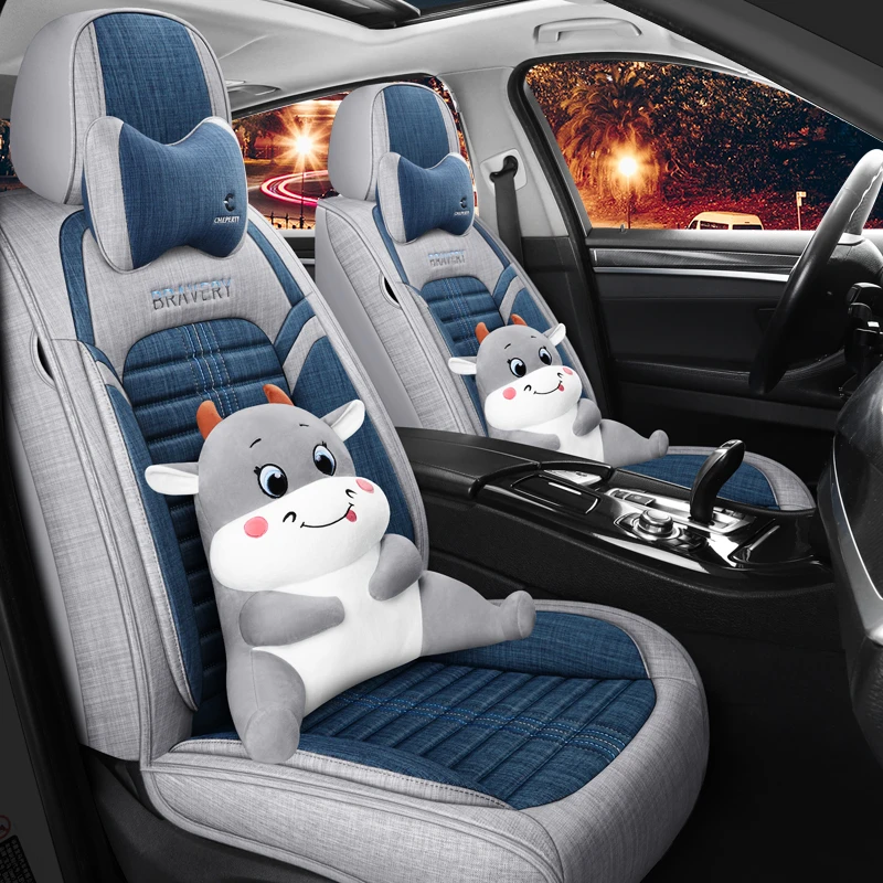24新款亚麻布艺卡通五座通用四季款汽车坐垫套-CPT