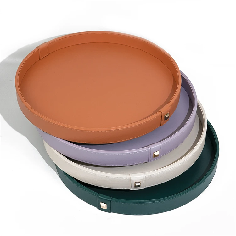 套装出售轻奢皮革中纤板木制圆形托盘香薰托盘家居收纳装饰