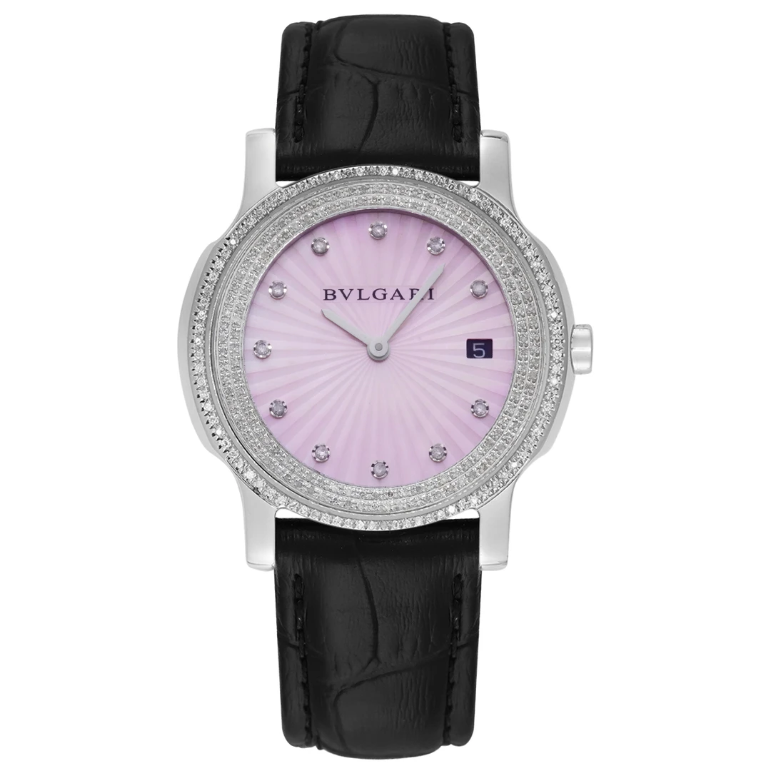 99新 BVLGARI/宝格丽 SOLO TEMPO系列35白针粉盘后钻表/WHP031125