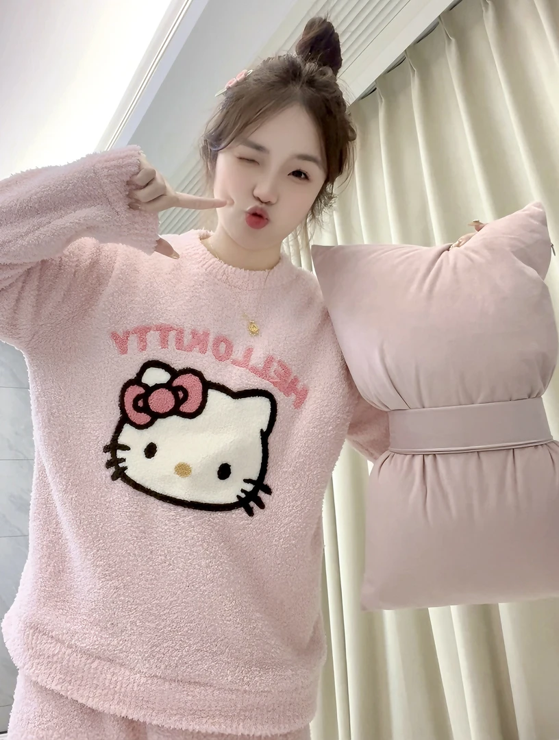 【半边绒】粉色甜美凯蒂猫软绵绵睡衣女秋冬季圆领保暖加厚家居服