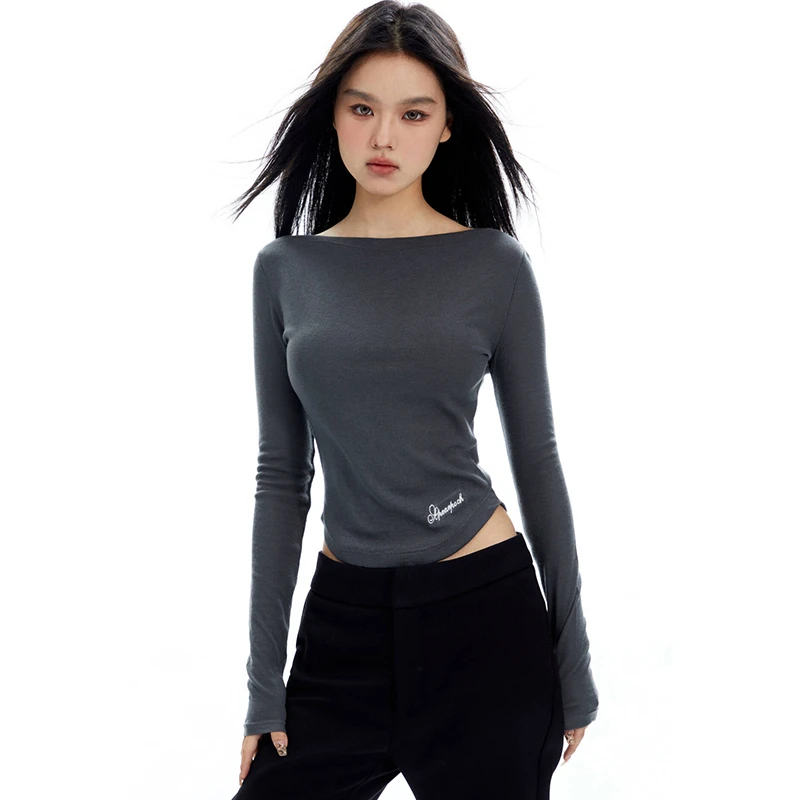 APEA美式复古辣妹一字领长袖上衣不规则下摆短款紧身显瘦打底衫J