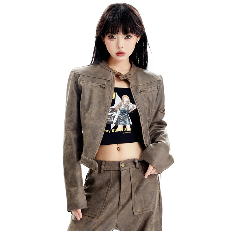 APEA复古刺绣短夹克小个子pu皮衣外套2F209-LJ91335