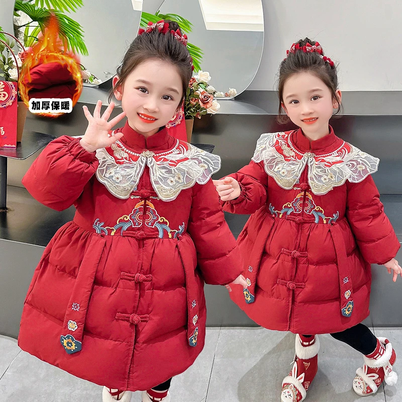 女童羽绒服冬季中长款红色过年服装小童小孩女孩童装儿童拜年服