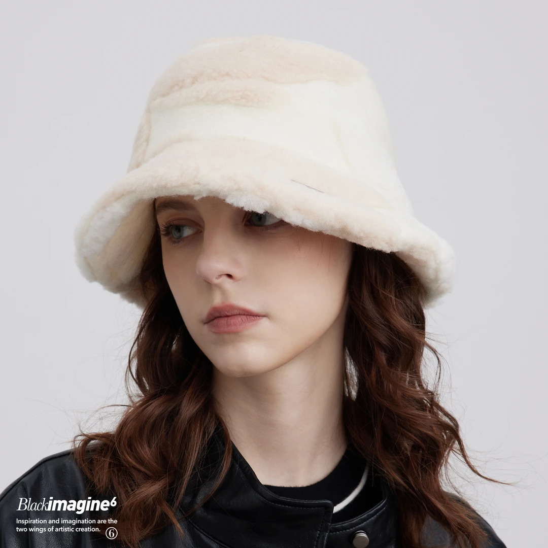 black imagine6【撞色拼接毛绒毛毯帽】时髦百搭秋冬新款渔夫帽盆帽