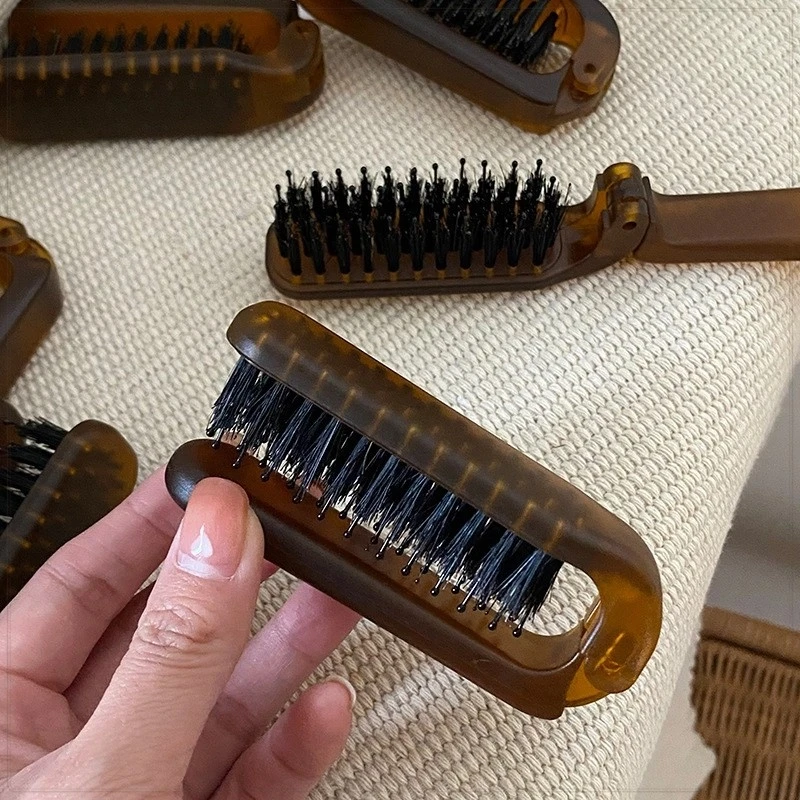 复古猪鬃毛梳子折叠式便携旅行梳直柄蓬松两用梳随身小梳子