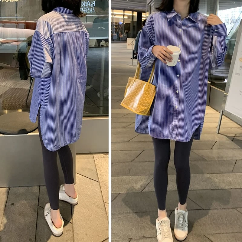 孕妇装春秋时尚洋气衬衫宽松大码中长款衬衫裙连衣裙条纹款2023