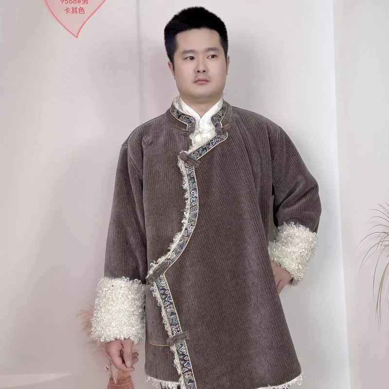 2024新款藏族服装加绒卷毛金卡边男士冬季棉衣西藏服男款冬装棉服