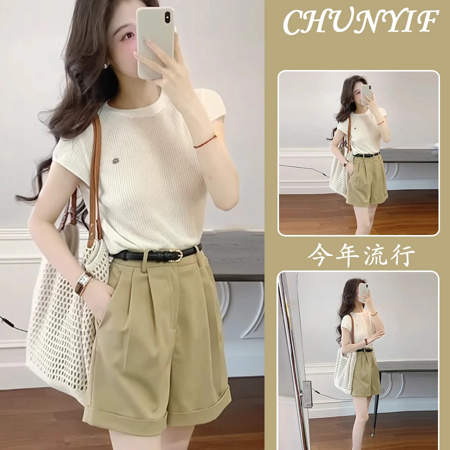 时尚套装女宽松2024年夏季新款圆领短袖针织衫洋气阔腿短裤两件套