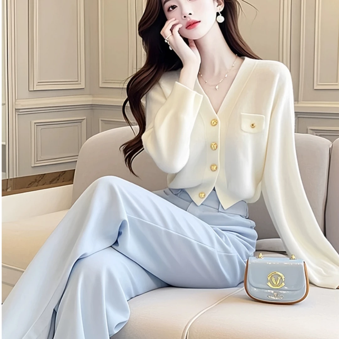 时尚套装女宽松秋季新款洋气长袖短款毛衣针织衫外套西装裤两件套