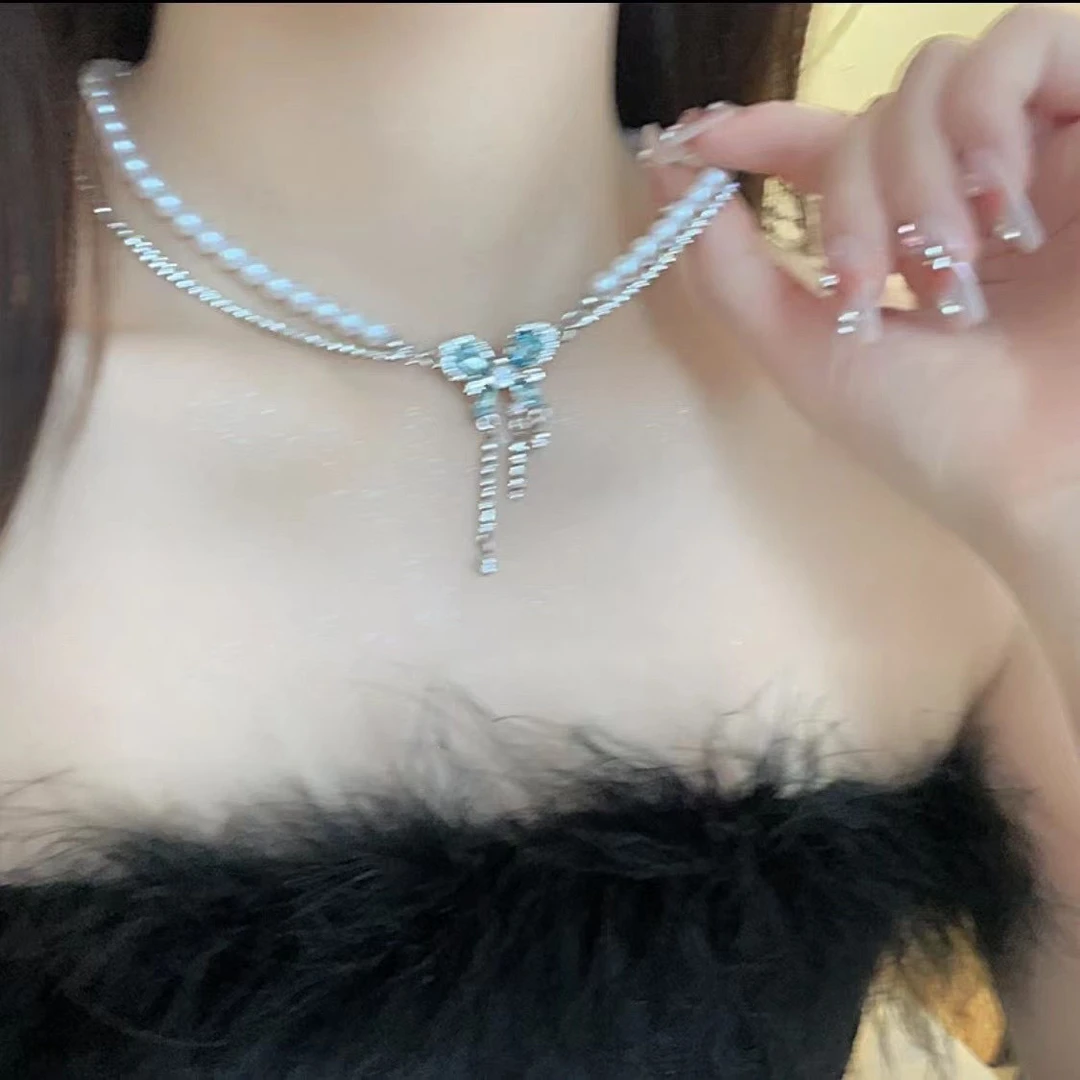 铜合金项链 薄荷梦蝶~蝴蝶双层项链拼接锁骨链女X1266