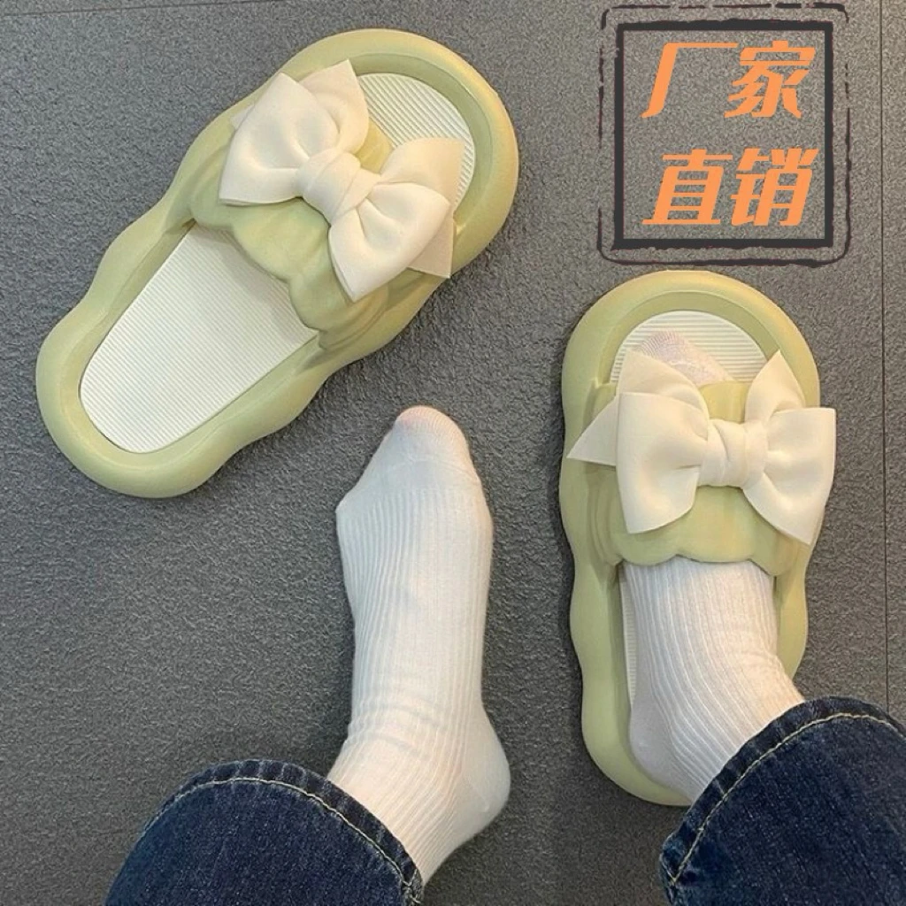 2023春秋奶呼呼踩屎感凉拖鞋女夏季外穿新款厚底可爱蝴蝶结一字拖