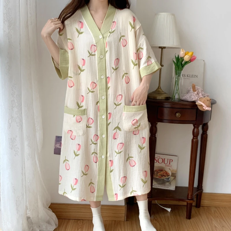 哺乳睡裙夏季薄款纯棉纱布产妇月子服宽松孕妇喂奶连衣裙待产长裙
