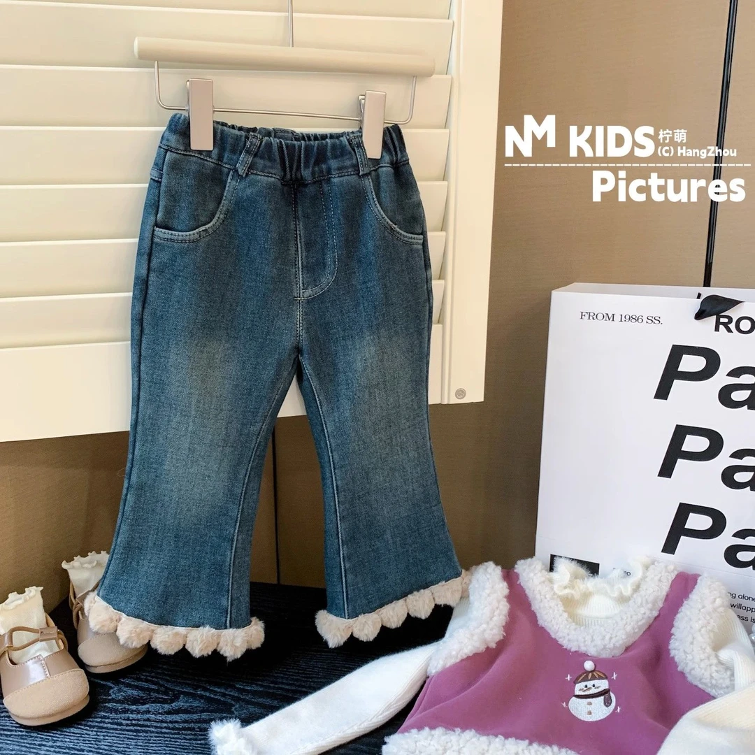 韩版童装2023冬季儿童一体绒微喇裤女宝宝休女童直筒裤女宝阔腿裤