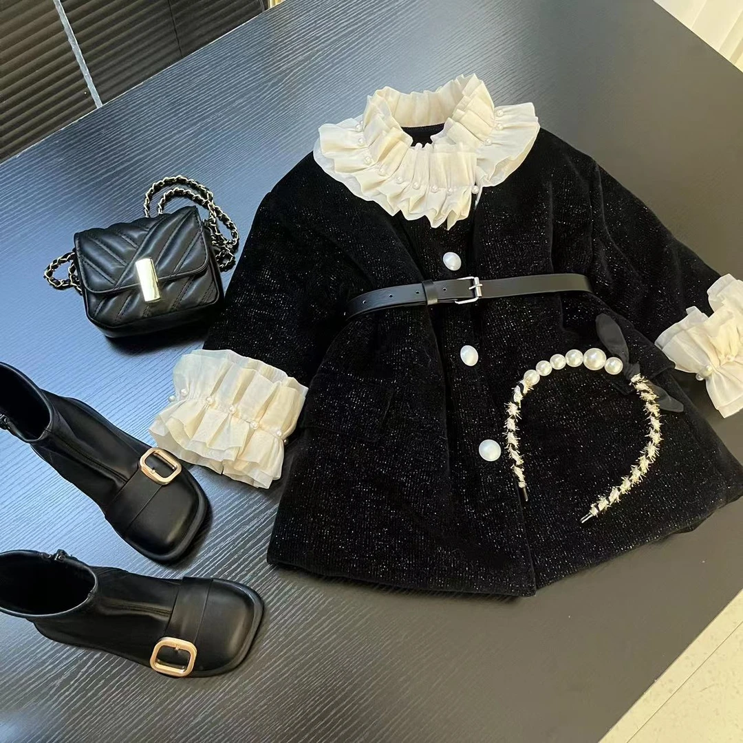 女童加棉外套2023冬季新款女宝宝复古花边时尚冬季夹棉加厚棉服潮