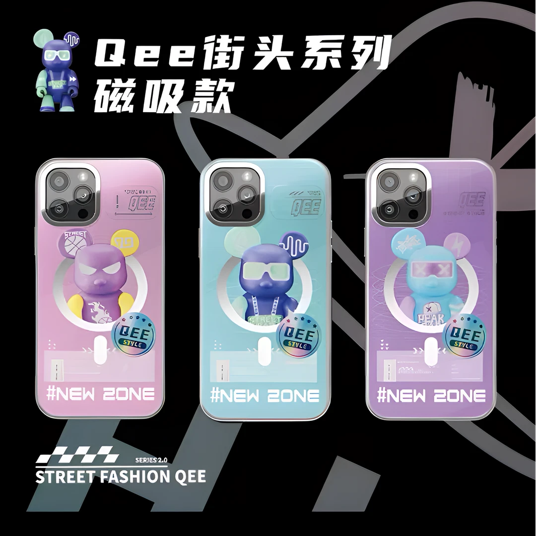 QEE苹果14系列暴力熊宇航员苹果手机壳少女磁吸全包镭射可爱