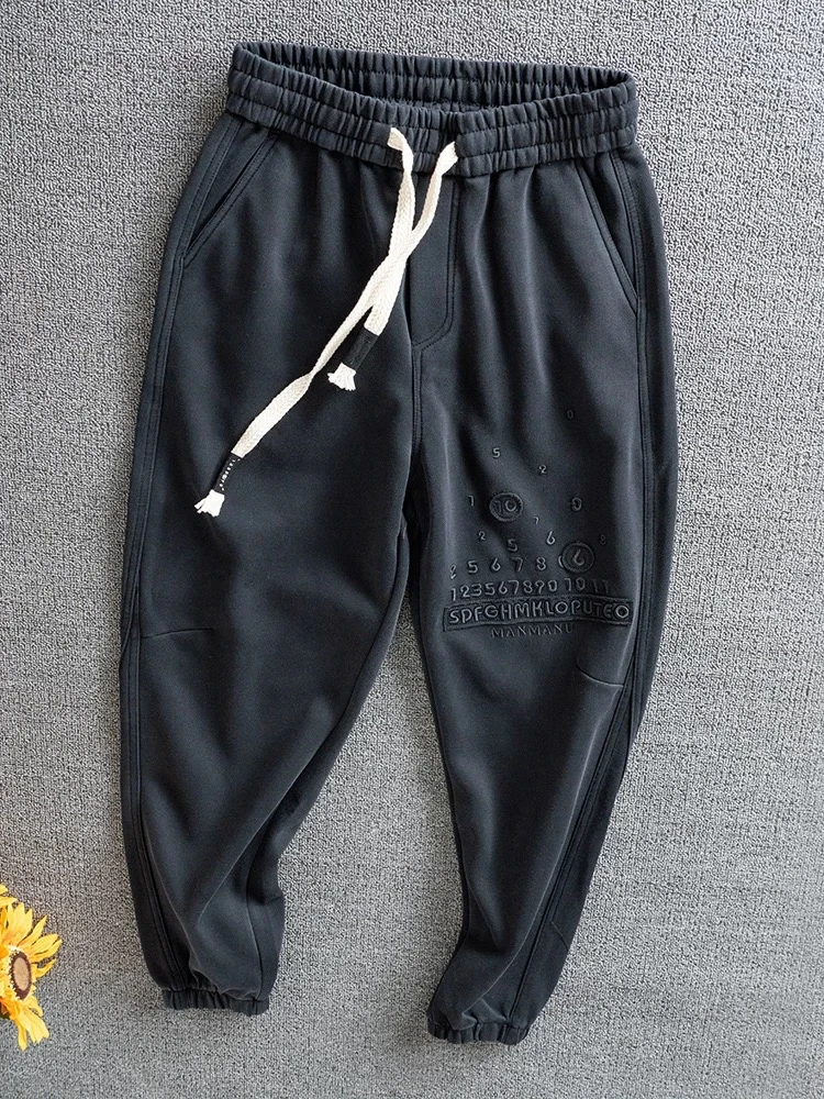 潮牌秋冬复古弯刀休闲裤潮流黑色重磅刺绣卫裤美式宽松束脚哈伦裤