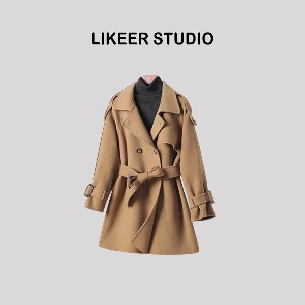 【精致女人】法式赫本风系带收腰双面羊毛大衣短款小个子毛呢外套