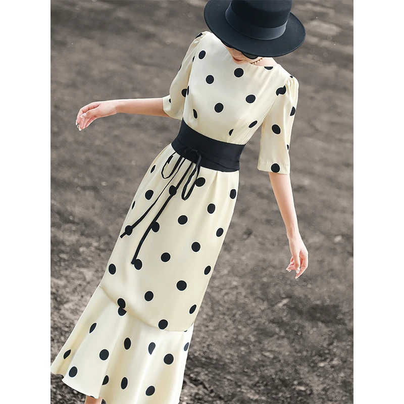 MEXCOCO/兰瑟儿新款气质法式复古收腰仿醋酸波点连衣裙104XL1890