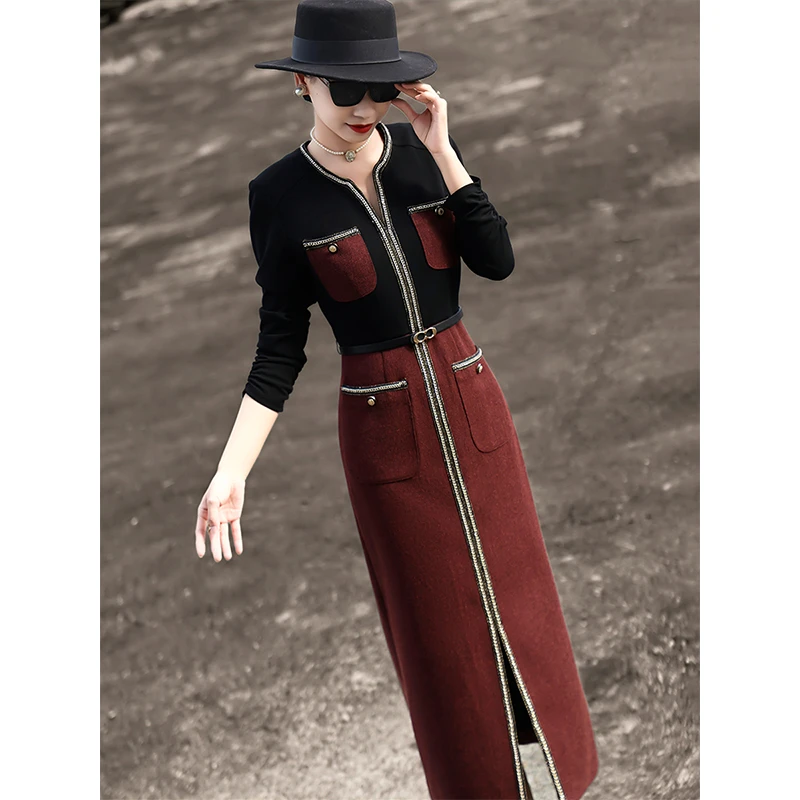 MEXCOCO/兰瑟儿秋冬季新款气质长袖拼接假两件连衣裙女M4WL2199