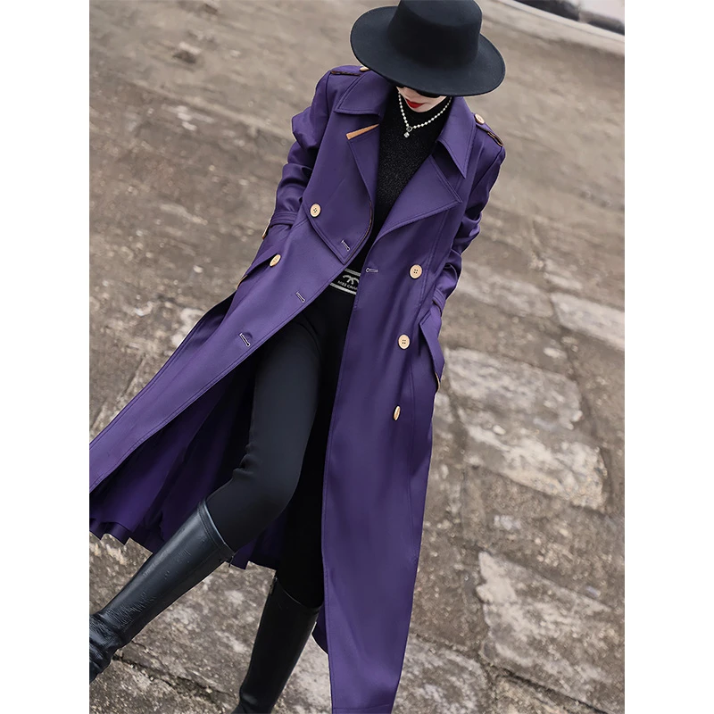 兰瑟儿秋季新款气质通勤高端中长款绑带紫色风衣外套M3WE0114