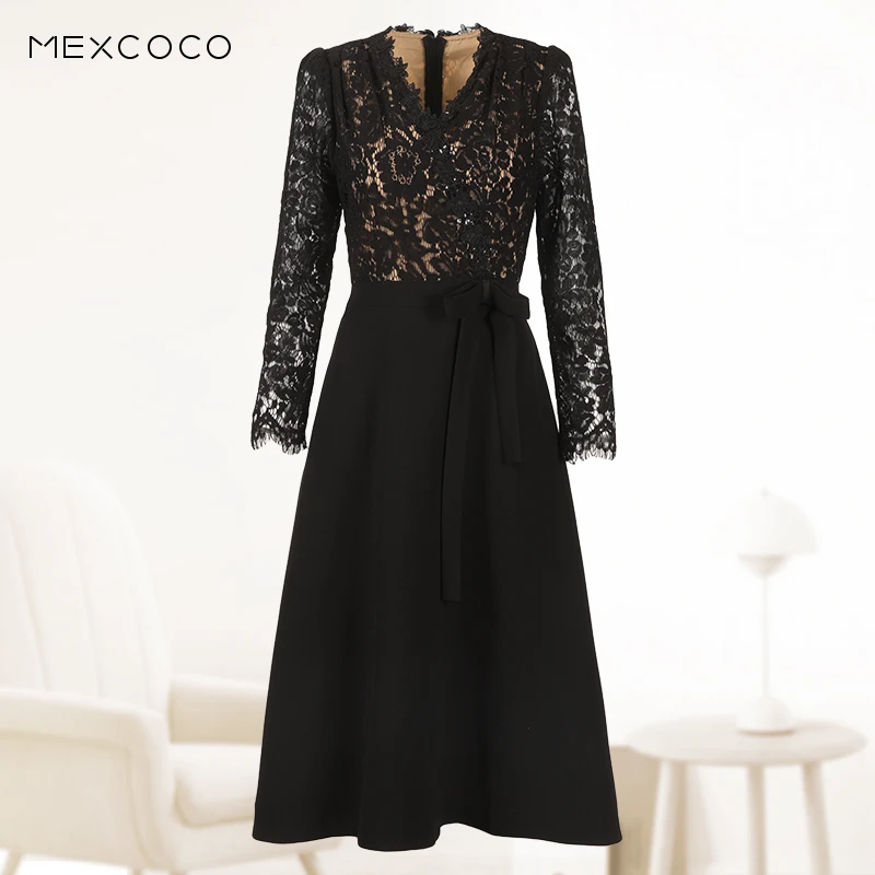 MEXCOCO/兰瑟儿春秋季新款气质长袖假两件拼接连衣裙女M4WL2227