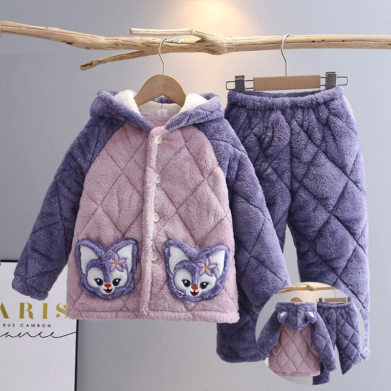 儿童三层夹棉睡衣金龟绒家居服男孩女童连帽法兰绒睡衣珊瑚绒套装