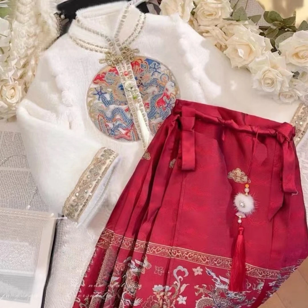 龙凤呈祥女童马面裙2023新款套装冬季汉服秋冬装拜年服装儿童绣花