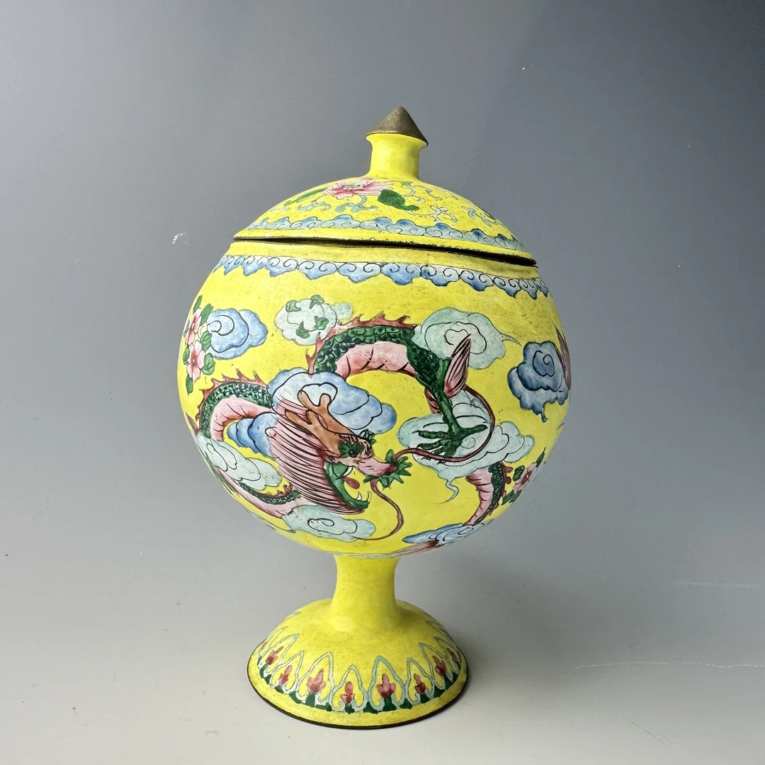 民国/铜胎画珐琅云龙高足盖罐/C1110121/美82/全品/朝阳文物