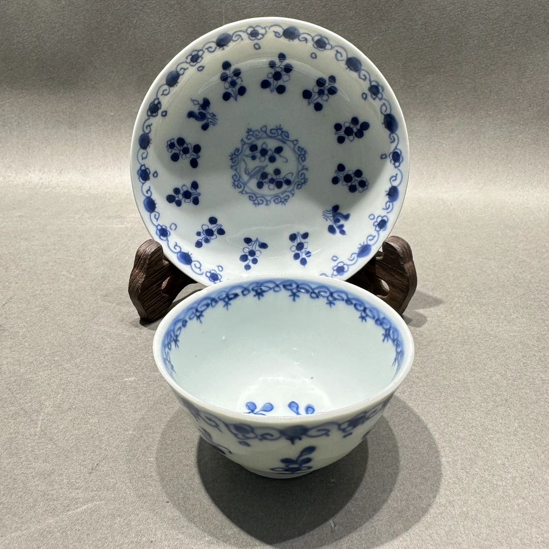 朝2/清康熙/青花葡萄纹瓷杯碟套/C622079/057/全品/美82/朝阳文物