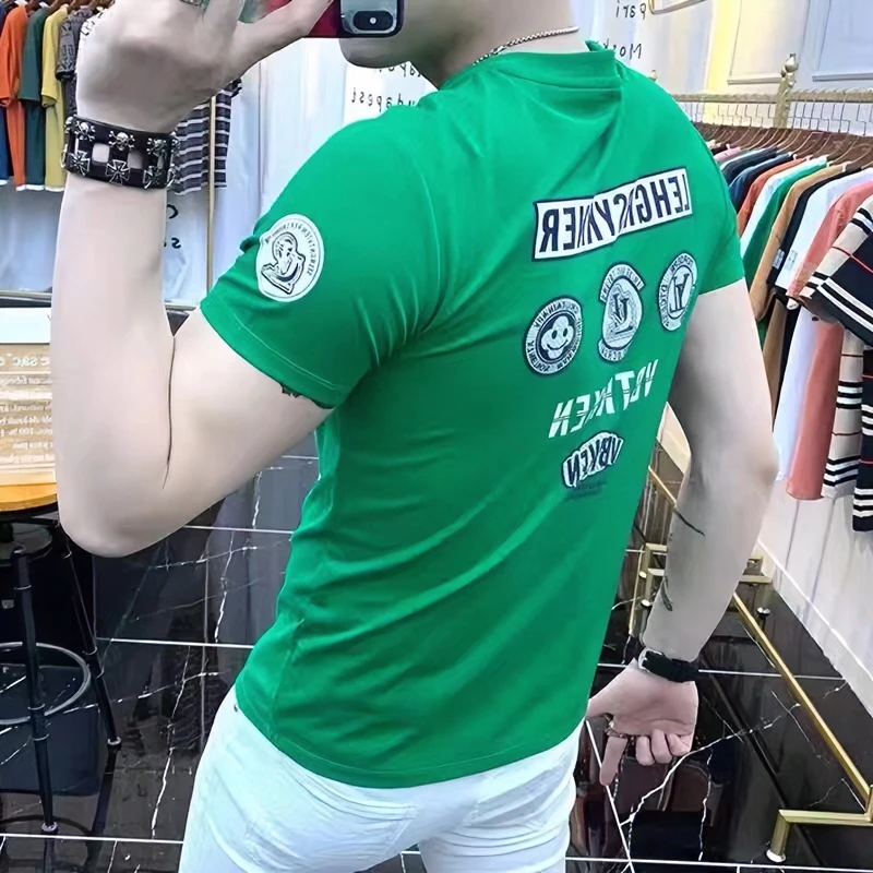 欧洲站男士短袖t恤潮牌百搭2022夏季潮流半袖修身纯棉体恤上衣服