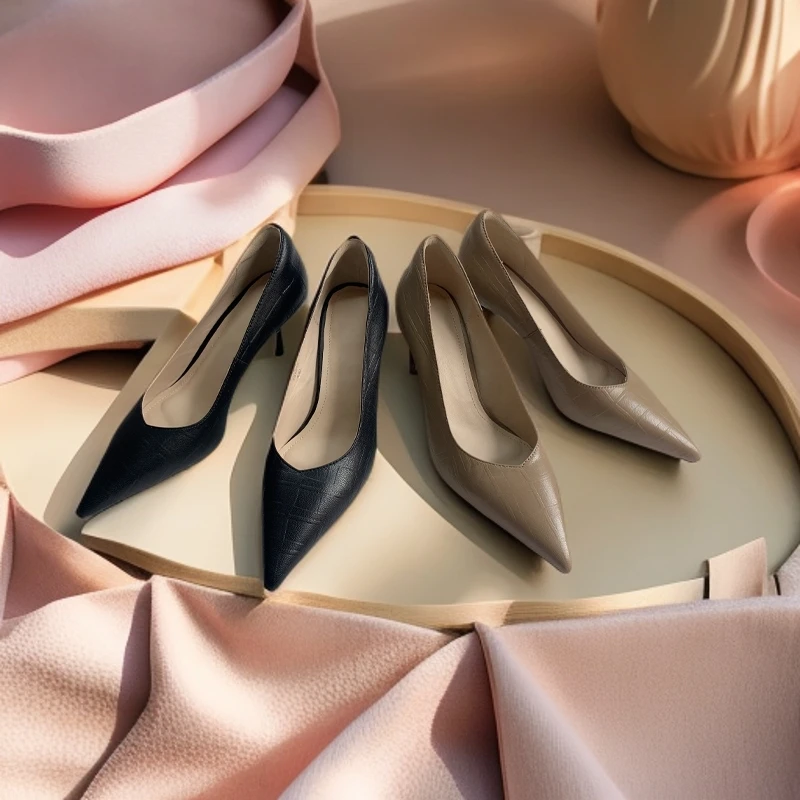 新款夏季尖头细跟不累脚高跟女鞋羊皮鞋女真皮软气质名媛百搭时尚