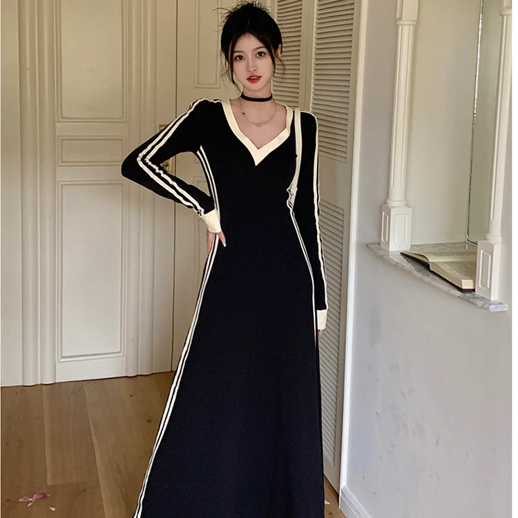 大码胖mm秋条纹V领长袖t恤打底裙连衣裙女韩版高级感a字长裙1637