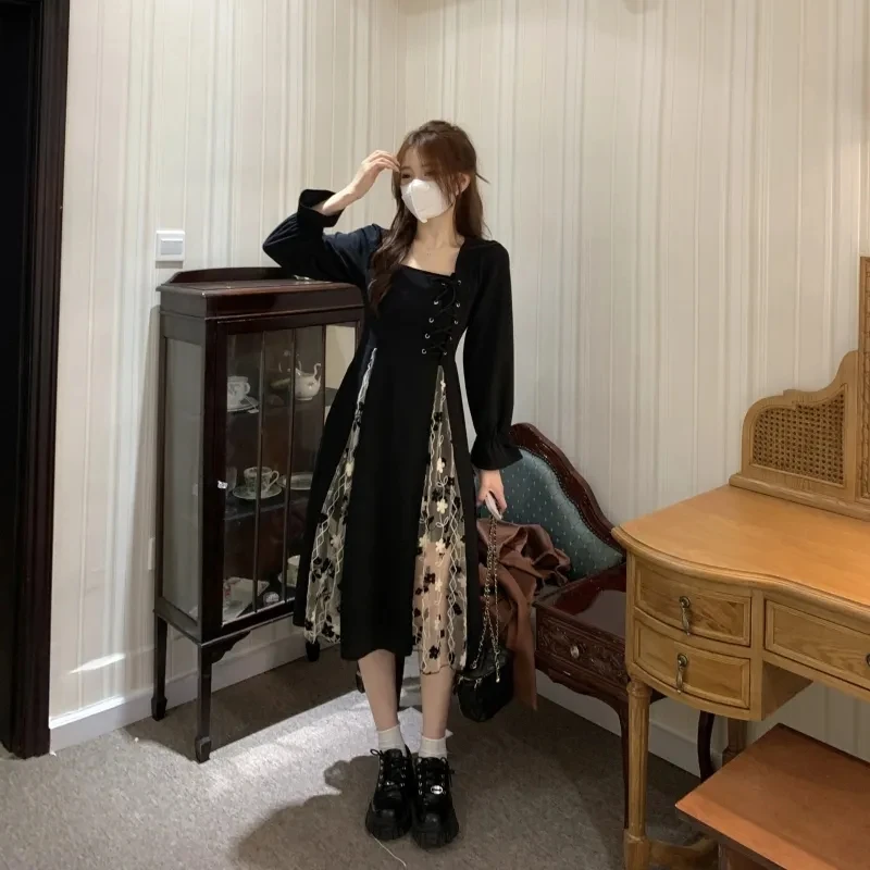 胖mm网纱拼接赫本风连衣裙女秋冬季高级感减龄显瘦气质长裙子1363