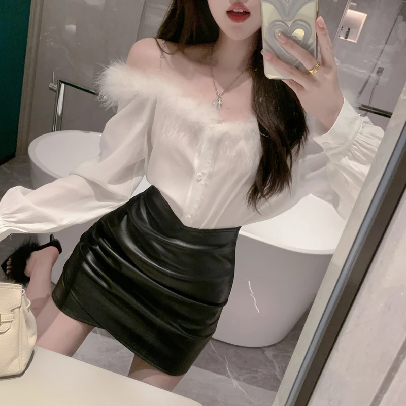 氛围感气质宽松遮肉显瘦洋气一字肩长袖衬衫+显瘦褶皱皮裙套装