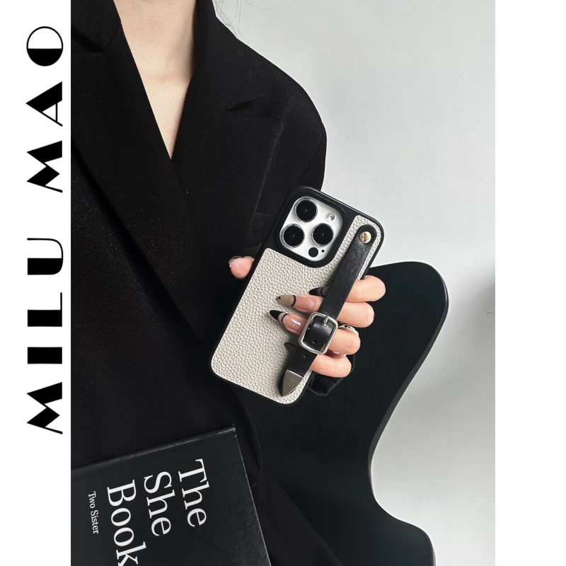 适用于苹果ins简约纯色荔枝纹腕带防摔手机壳