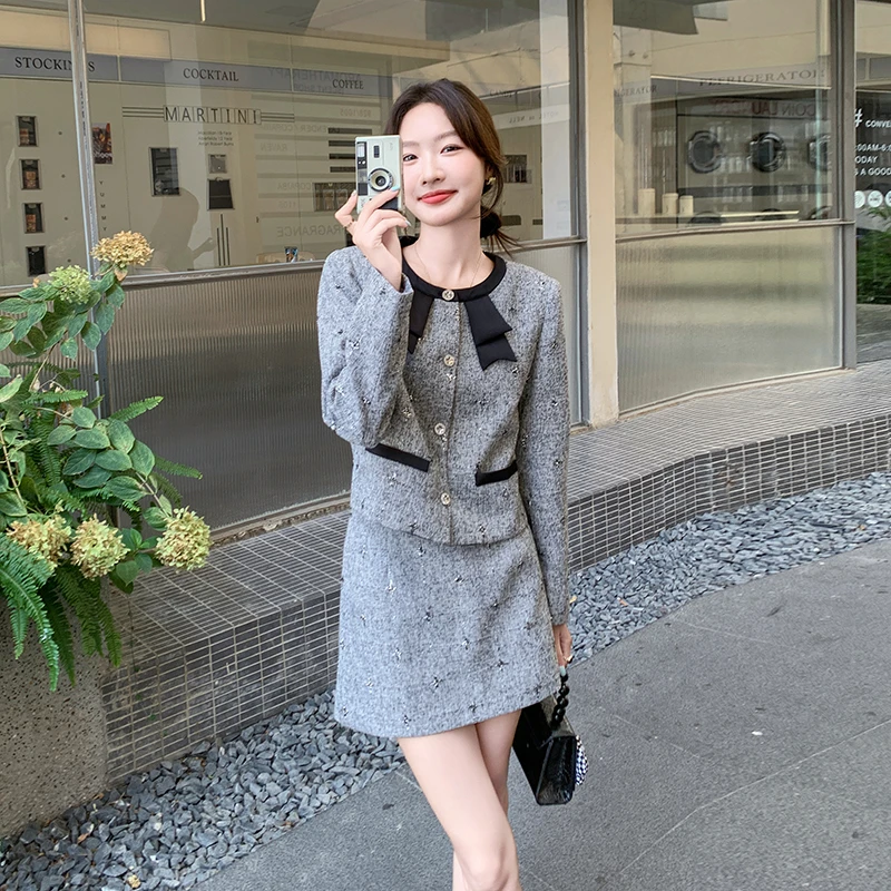 小香风套装女小个子2024秋季新款气质淑女半身裙短裙两件套
