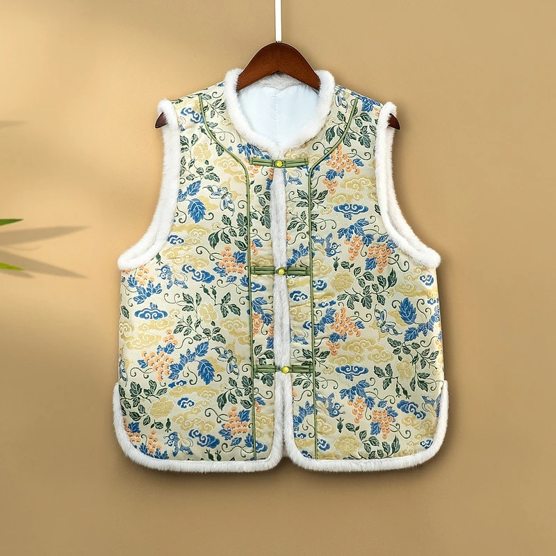 【春蓉】冬季加厚马甲新中式立领绣花宽松冬季保暖毛毛上衣马夹女款