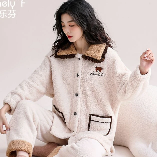 女士冬季秋冬款法兰绒加绒加厚款珊瑚绒家居服冬天套装