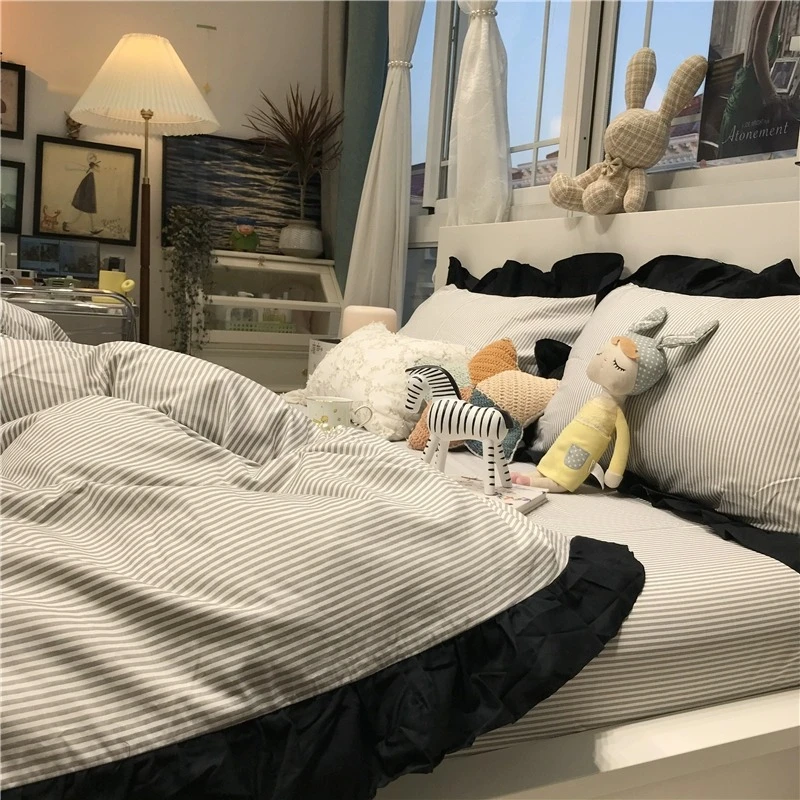 黑白赫本花黑色花边ins气质少女心田园风碎花床上四件套全棉纯棉