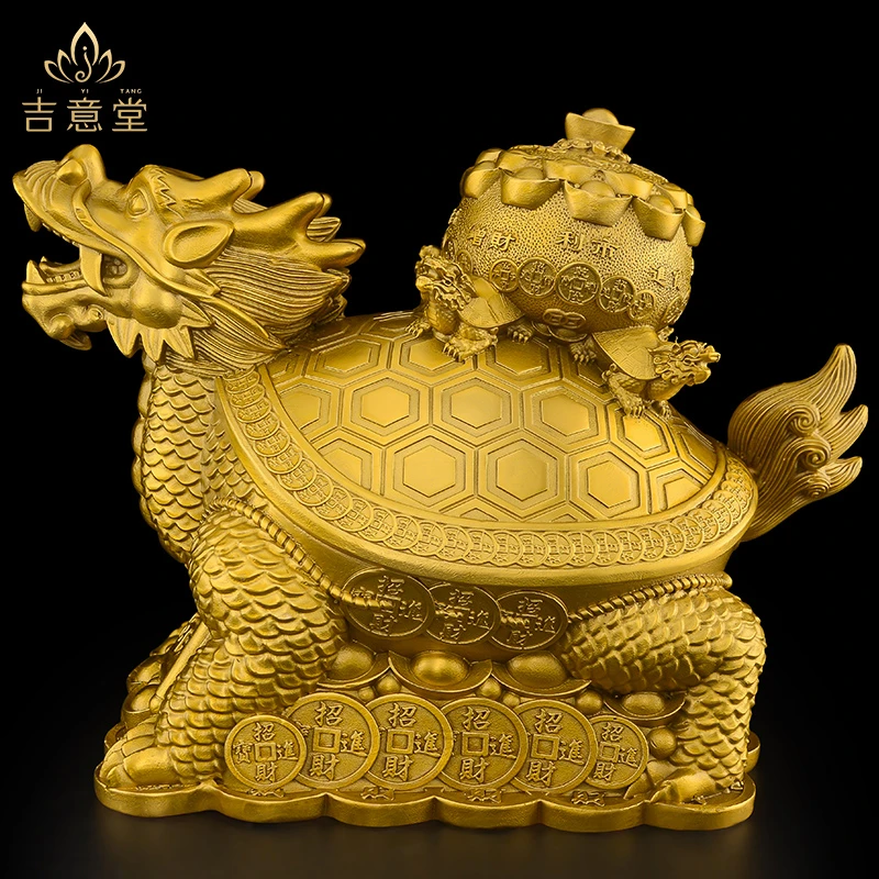 黄铜龙龟摆件玄关铜制龙头龟霸下背聚宝盆客厅大号