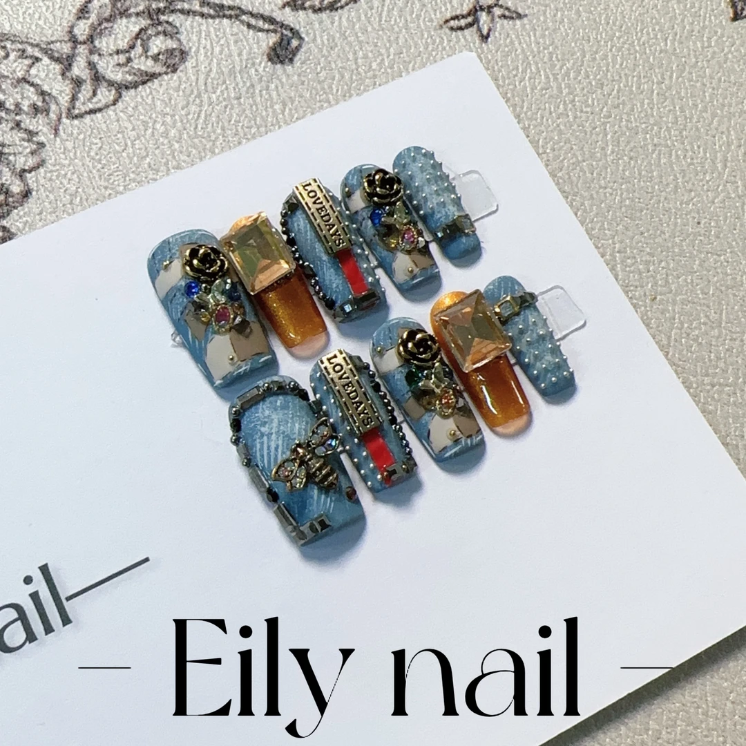 【丹宁牛仔】EilyNail设计师轻奢高定穿戴甲牛仔手绘气质温柔美甲