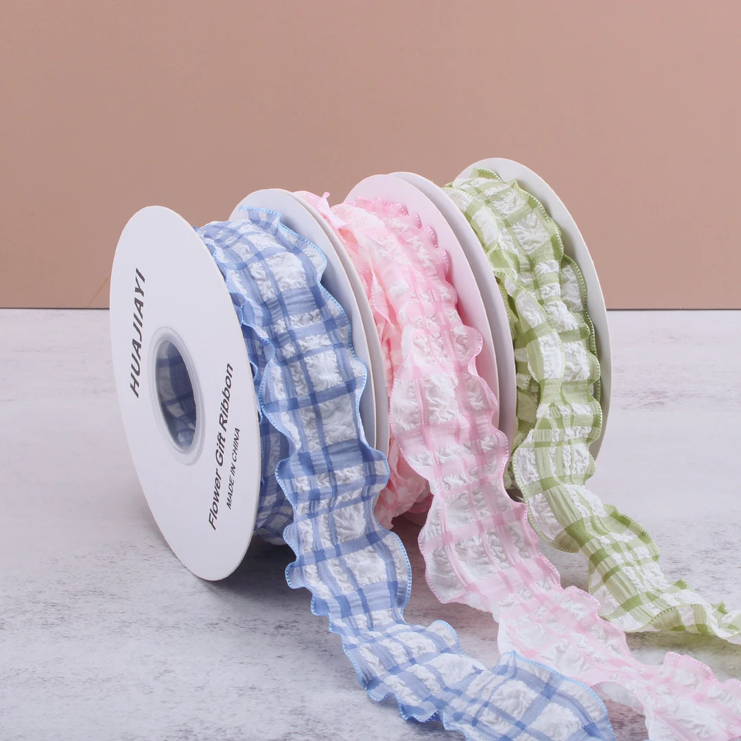 H H 荷叶花边格子彩带 蝴蝶结装饰褶皱丝带礼盒鲜花花束包装纱带