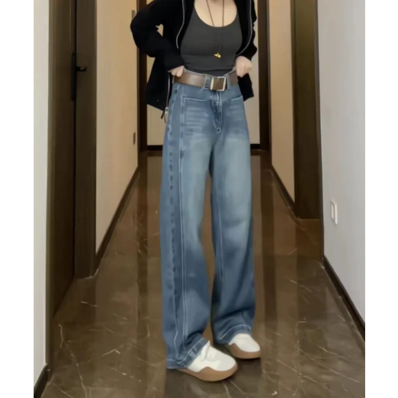 女秋季新款梨形身材窄版直筒裤微胖mm高腰显瘦牛仔裤简约百搭长裤