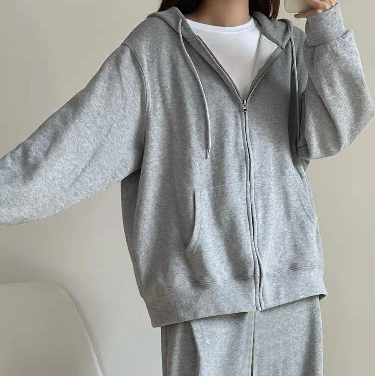 billkong灰色贝贝绒拉链卫衣外套女运动开衫早秋套装秋春连帽拉链