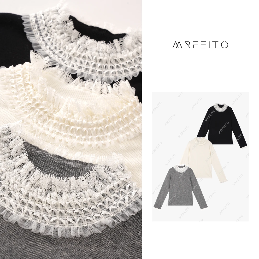 【海棠未雨】百搭拼色蕾丝花边半高领休闲上衣H87M01D29787