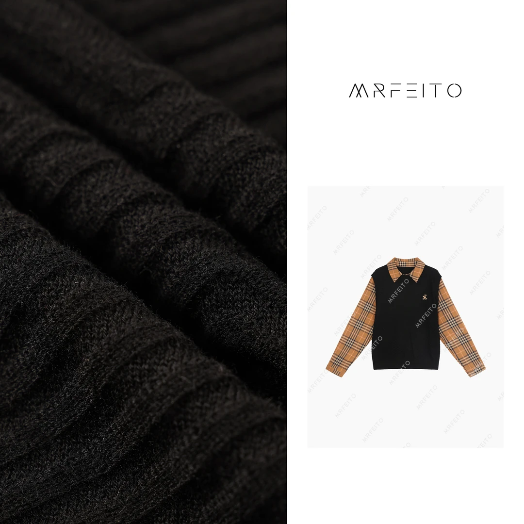 【静奢时光】拼接格子马车假两件长袖女士针织衫H912M01Q27921