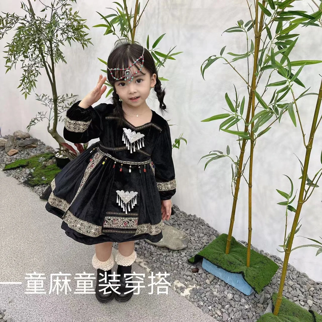 哈尼族女童汉服套装秋季新款苗疆连衣裙异域民族风89160