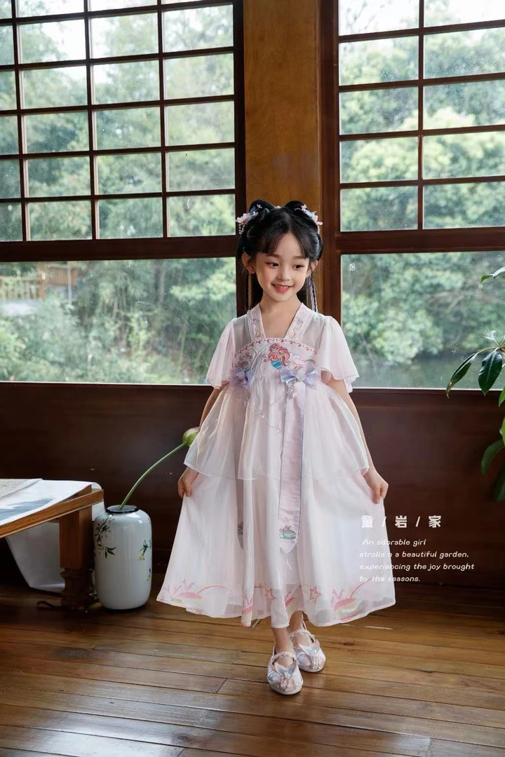 美人鱼绣花连衣裙夏装女童改良新中式古风汉服薄款纱裙90032